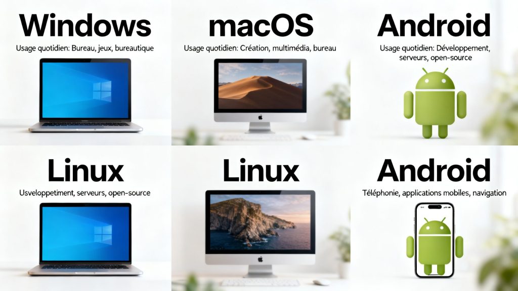 Les 4 principaux logiciels d'exploitation et leurs usages au quotidien avec texte